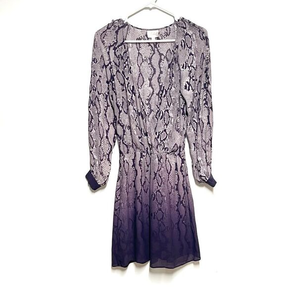 Parker Snake Print Purple Ombre Long Sleeve Faux Wrap Silk Dress Sz XS - Picture 2 of 5